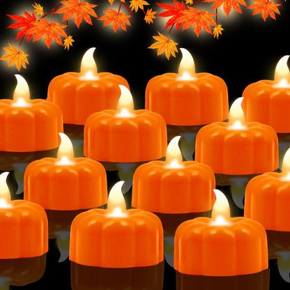 Pumpkin Tea Lights Fall Decorations for Home,12 Pack LED Orange Pumpkin Lights FlameLess Candles Battery Operated Thanksgiving Flickering Tealights Candles for Table Home Party Halloween Decor
