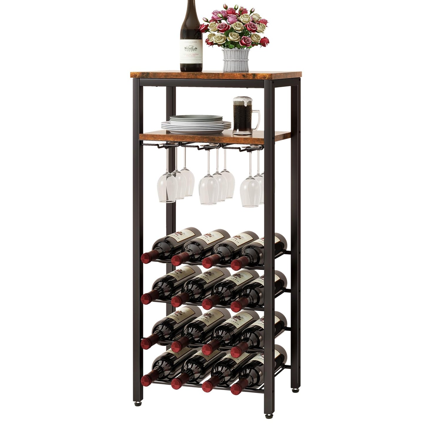 IBUYKE Wine Racks Freestanding Floor,Liquor Bottle Holder,16 Bottles Wine Cabinet with Glass Holder,Wine Holder Display,Mini Wine Bar Table for Living Room,Kitchen Pantry,Dining Room,Brown UTMJ907H