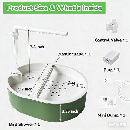 Bird Shower Parakeet Bath for Cage with Adjustable Water Flow Control Valve, Parrot Shower Bath for Budgies with Plug, Automatic Circulating Water Fountain for Pet Bird, Cockatiel, Conure (withe pipe)