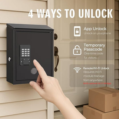 Mailbox with Electronic Lock, Locking Mail Boxes for House, Wall Mount Business Suggestion Box, Key Drop Box, One Time Code/Permanent Code/Spare Key Unlock, Large Capacity, Black, 14x4x10in
