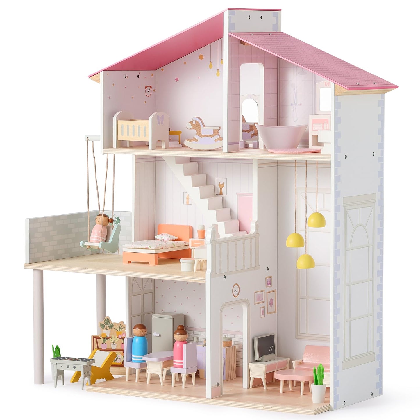 SainSmart Jr. Wooden Dollhouse for Girls, Modern Family Doll House with 37Pcs Furniture & Accessories, 3-Story Pretend Playhouse Toy Gift for Kids Ages 3+