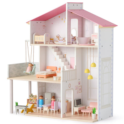 SainSmart Jr. Wooden Dollhouse for Girls, Modern Family Doll House with 37Pcs Furniture & Accessories, 3-Story Pretend Playhouse Toy Gift for Kids Ages 3+