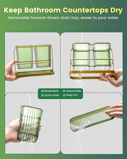 KONE Green Toothbrush Holders for Bathrooms, 2 Cups Toothbrush Holders Wall