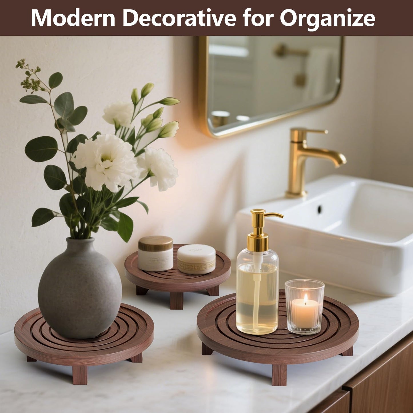 JAZUIHA 3-Pack Plant Stand Indoor, Wood Round Pedestal Riser 6.69/8.66/10.23" Solid Wooden Plant Stool & Pot Holder, Decorative Display for Living Room, Bathroom, Kitchen & Home Decor (Dark Brown)