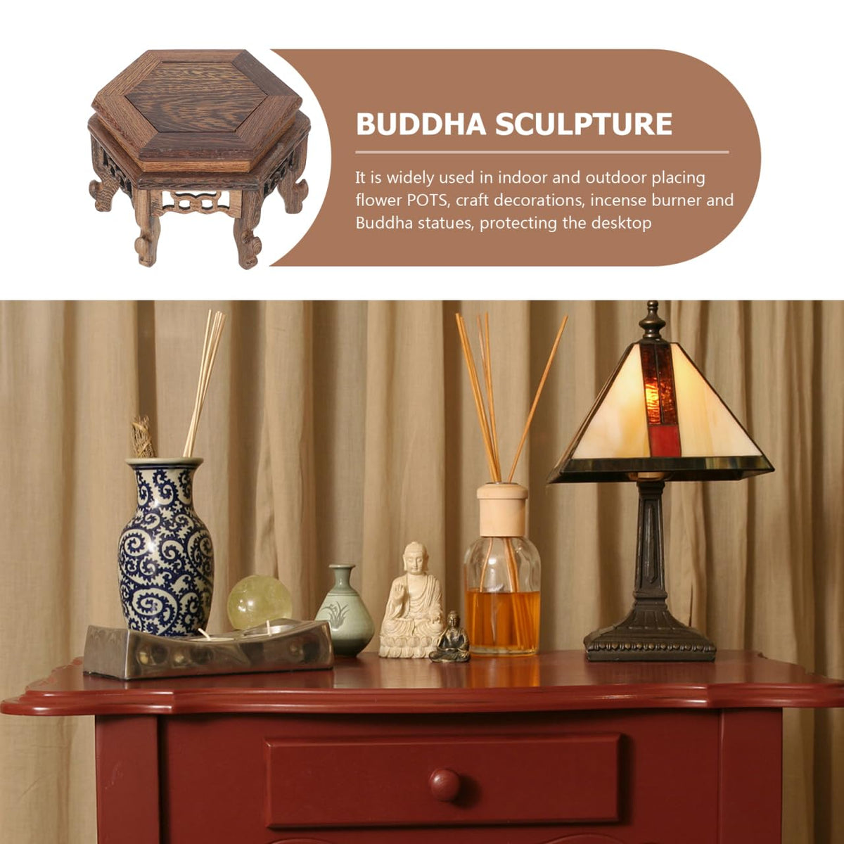 Cabilock Hexagonal Table Base Wooden Plant Stand Chinese Style Flower Pot Display Rack Teapot Stand for Bonsai Vases Planters 5.1X5.1X3.5 Inch