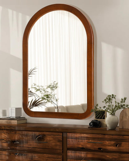 Arched Mirror 24 x 36 Inch,Walnut Brown Wood Rustic Bathroom Tempered Wall Mirror with Wood Frame,Round Corner Arch Farmhouse Wooden Vanity Mirror for Living Room,Entryway or Bedroom