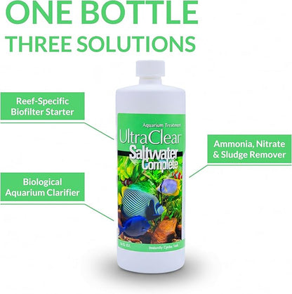 Saltwater Complete – Live Nitrifying Bacteria Blend for Saltwater & Reef Aquariums - Instant Cycle Marine Tank Starter - Removes Ammonia Nitrite - Clarifier - Safe for Fish Coral Invertebrates - 32oz