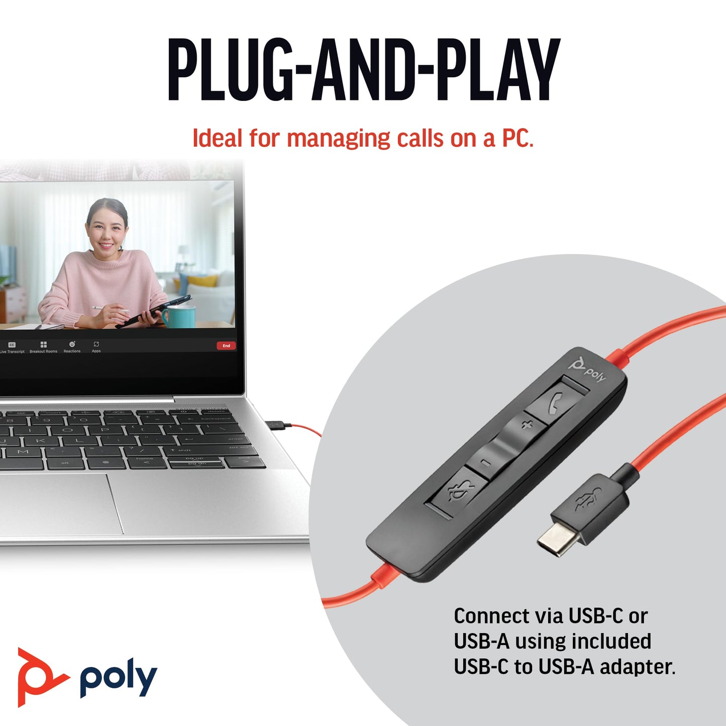 Poly Blackwire 3210 Wired Headset, Noise-Canceling Mic, Single-Ear Design, Connect to PC/Mac via USB-C or USB-A, Works with Teams & Zoom, Amazon Exclusive (9P7X7AA)