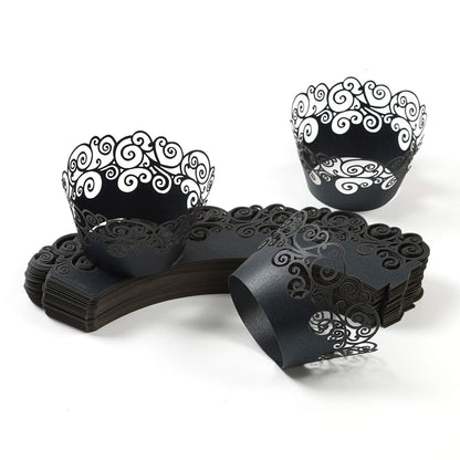 Cupcake Wrappers, KPOSIYA 100 Pack Cupcake Wraps Filigree Artistic Bake Cake Paper Cup Little Vine Laser Cut Liner Baking Cups Muffin Case Trays for Wedding Party Birthday Decoration (100, Black)