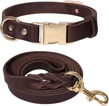 LWBMG 6FT Leather Dog Collar and Leash Set, Heavy Duty Dog Leash and Collar with Metal Buckle,Adjustable Pet Lead and Collar Set, Soft Pet Leash and Collar for Medium Large Dogs Brown
