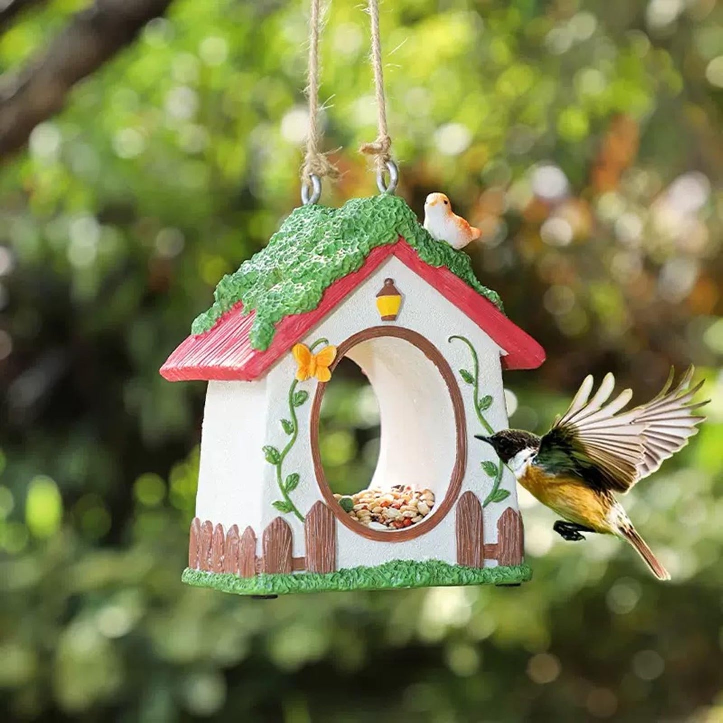 Bird Feeder House,Outdoor Hanging Bird's Nest, Hummingbird Houses,Wooden Fence Design, Butterfly and Bird Accents,Outdoor Hanging Design (Tengman Pattern)