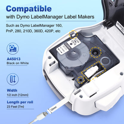 6-Pack Compatible with Dymo D1 Label Tape 45013 1/2 Inch x 23 Ft Replace for DYMO Label Maker Refills d1 a45013 S0720530 Black on White 45013s for LabelManager 160 280 210D 360D 420P PnP