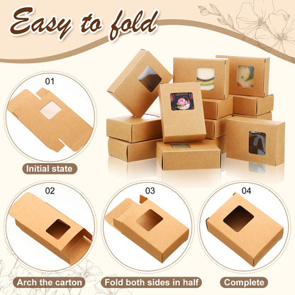 Outus 100 Pcs Soap Packaging Boxes Bulk Soap Boxes for Homemade with Window Mini Kraft Paper Container Homemade Craft Making Gift Wrappers for Cookies Candy, 3.5 x 2.6 x 1.2 Inch (Brown)