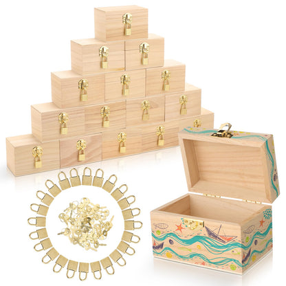CroBlissful 36 Set 72 Pcs Unfinished Wooden Box with Hinged Lids and Mini Padlock Locks with Keys Unfinished Wood Treasure Chest Box for Craft Gift Jewelry Desktop Storage (Classic)