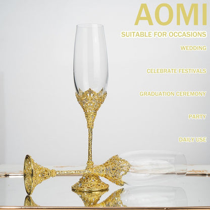 AOMI Wedding Champagne Flutes Toasting Glasses Luxurious Crystal- Gold 7oz Studded Champagne Glasses Set – Elegant Etched Flute Pair with Gift Box, Perfect for Weddings, Anniversaries & Celebrations