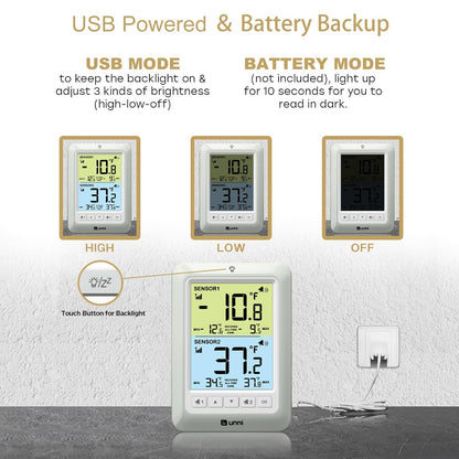 U UNNI Refrigerator Thermometer with Alarm, Digital Wireless Fridge and Freezer Thermometer, Max Min Temperature Records with Magnetic & Stand Options for Home Restaurant