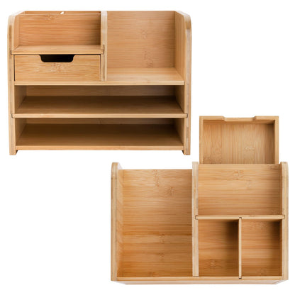 Frcctre Bamboo Desktop Organizer with Drawer, 3 Tier Wooden Desk File Document Organizer with Pen Holder, Tabletop Stationery Storage Organizer Storage Rack for Desk Accessories, Office Supplies