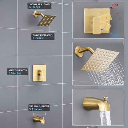 Esnbia Shower Tub Kit, Tub and Shower Faucet Set（Valve Included) with 6-Inch Rain Shower Head and Tub Spout, Single-Handle Tub and Shower Trim Kit,Brushed Gold