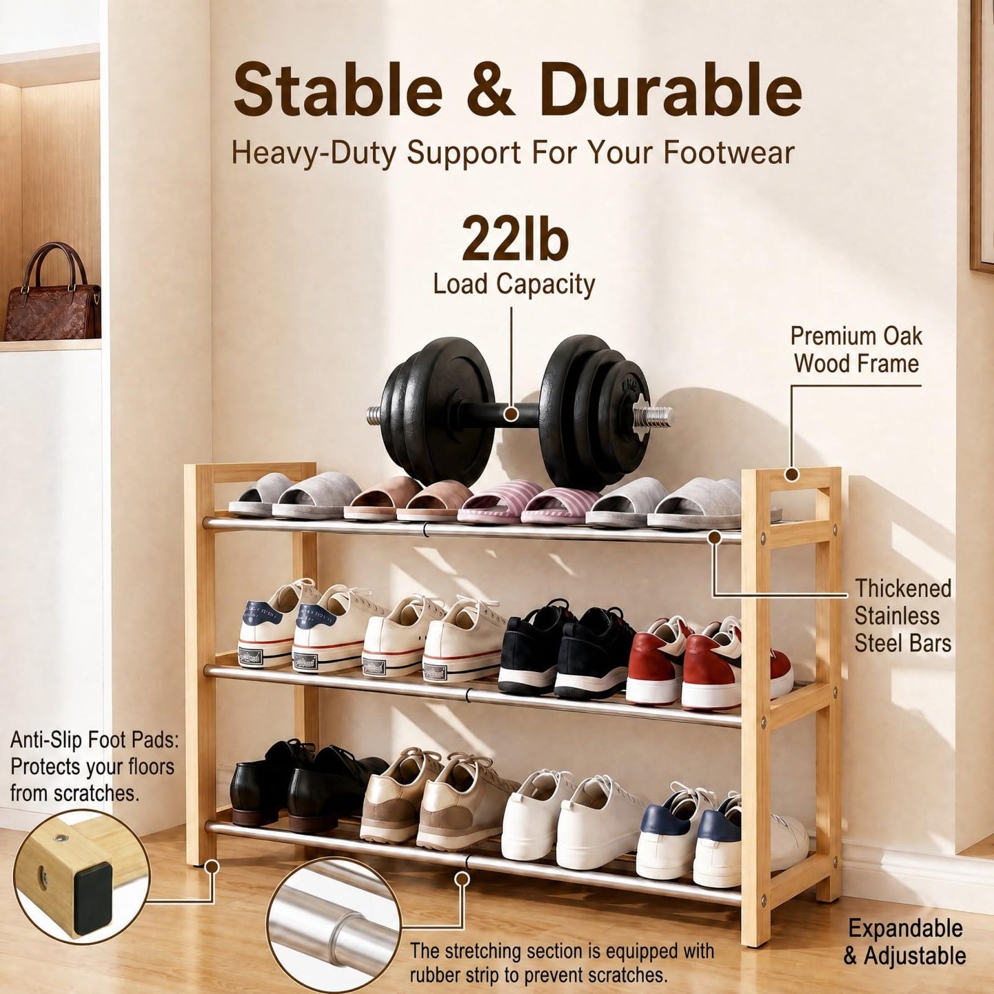 THENNIKIGO Shoe Rack Wooden, Oak Expandable Shoe Organizer, 3-Tier Stainless Steel Shoe Shelf, 17.7“-31.4” Shoe Storage 6-12 Pairs, for Closet, Garage, Narrow Spaces, Entryway, Door Entrance