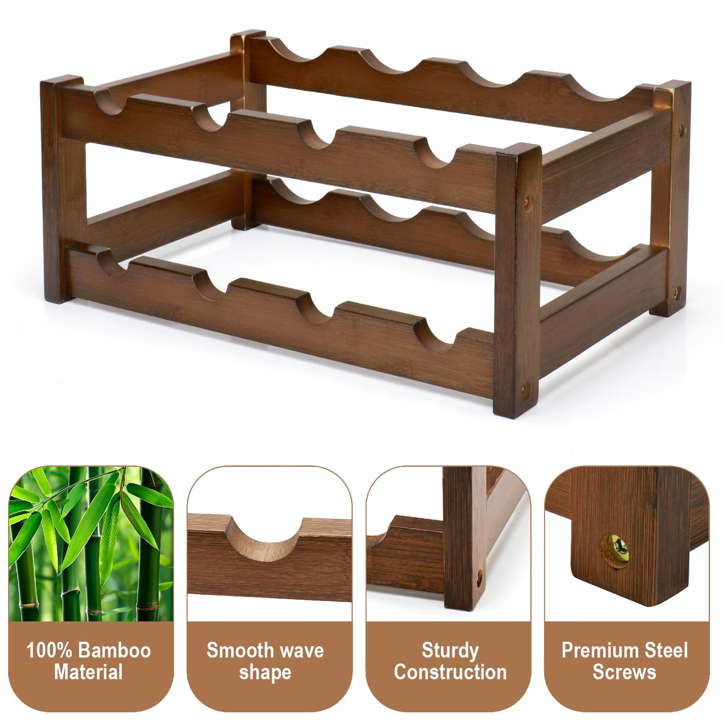 Thalomely Bamboo Wine Rack, 2-Tier 8 Bottles Wine Storage Cabinet Shelf, Easy-Assembly Freestanding Bamboo Wine Racks Countertop for Kitchen Pantry Dining Room Bar, Walnut