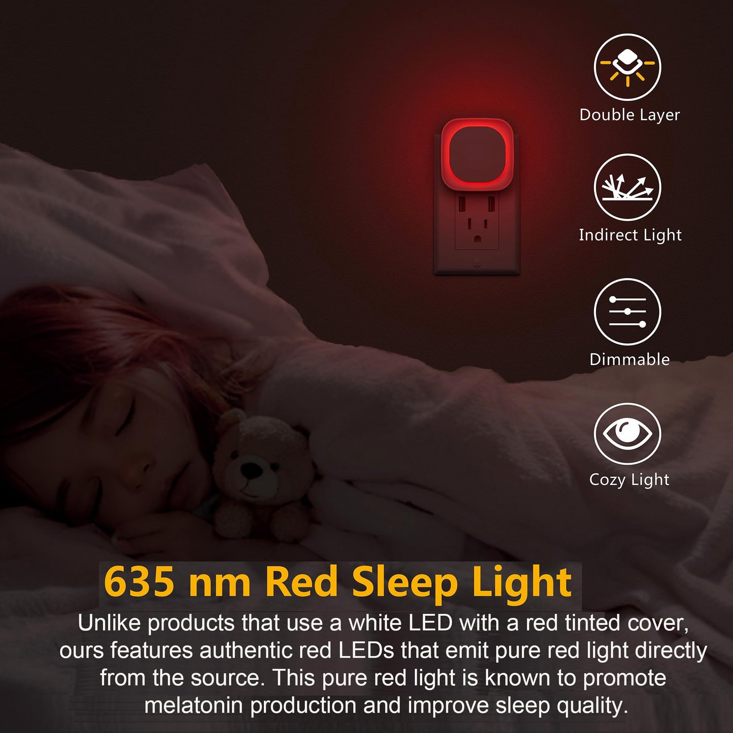 2 Pack Plug in Amber Night Light, Auto Dusk to Dawn, Soft Glow, Dimmable, Diffused Light, LED Lights for Bedroom, Kids, Bathroom, Sleep, Baby Nursery, Toddler, Hallway, Kitchen, Home Decor