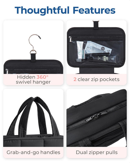 BAGSMART Travel Toiletry Bag with Jewelry Organizer, Hanging Travel Bag for Toiletries, Puffy Makeup Cosmetic Bag Organizer, Carry-on Travel Accessories Essentials, Black-M