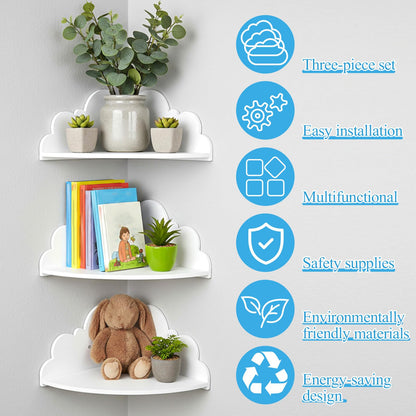 KongTiva Cloud Floating Corner Shelves, Set of 3 Cloud Corner Floating Shelves Wooden Cute Wall Mounted Shelf Clouds Dispaly Shelf for Toys Plants & Storage