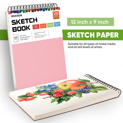 Soucolor Cute Sketchbook 9" x 12" for Women, 1-Pack 100 Sheets Spiral Notebook Drawing Pad, Pastel Art Supplies for Artists, Arts and Crafts Gifts Set for Adults