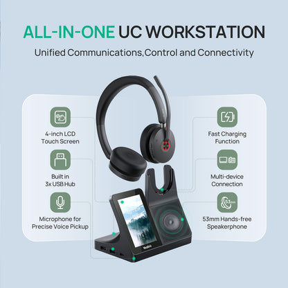 Yealink WH68 Workstation DECT Wireless Headset with 4" Touch Screen,4 Mic Hybrid ANC, 606ft Range,All in One Workstation with Speaker,3X USB Hub Office Headset for Desk Phone,Computer,Cellphone