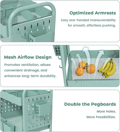 danpinera Rolling Cart, Movable Utility Organizer with Retractable Dividers & Pegboards for Kitchen, Bathroom, Office