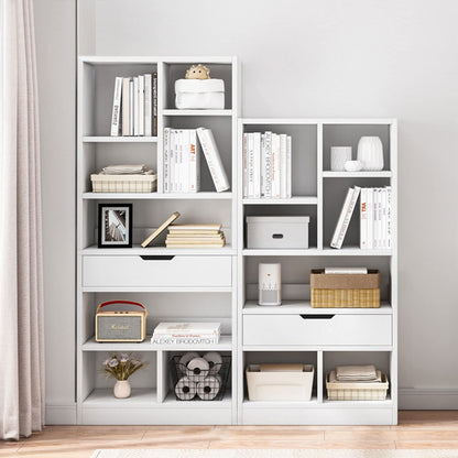IOTXY Wooden Open Shelf Bookcase - 51 Inches Height Freestanding Display Storage Cabinet Organizer with 7 Cubes and a Drawer, Floor Standing Bookshelf in Warm White
