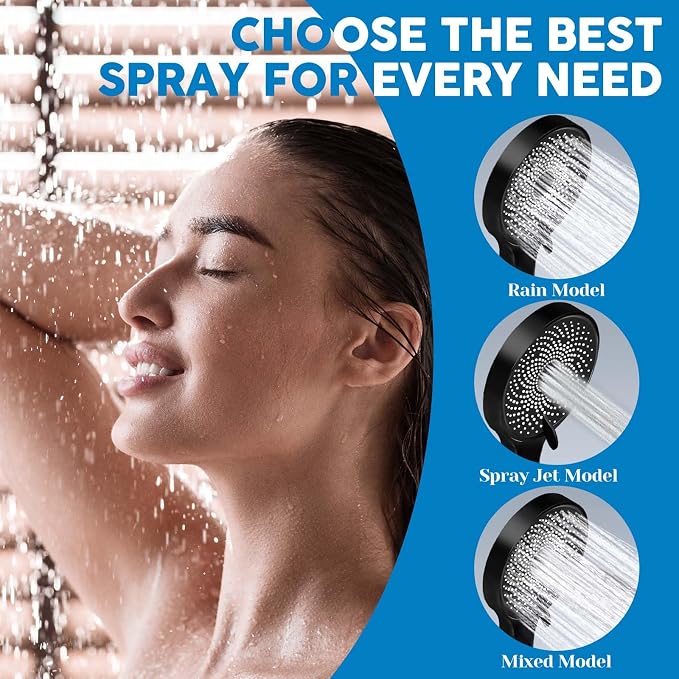 Shower Head,8”Rain Shower Head with Handheld Spray Combo and Adjustable Extension Arm/3-Way Flow Regulator/Shower System,High Pressure Rain Fall Hose,Matt Black