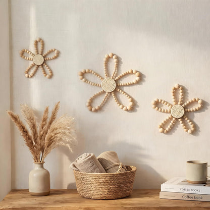 AceOrbit 3 Pcs Boho Daisy Flower Wall Decor, Wood Bead Daisy Wall Art, Beaded Wildflowers, Farmhouse Boho Nursery Decor for Baby Girls Kids Bedroom Dorm Playroom, 7.87'', 5.91'', 4.72''