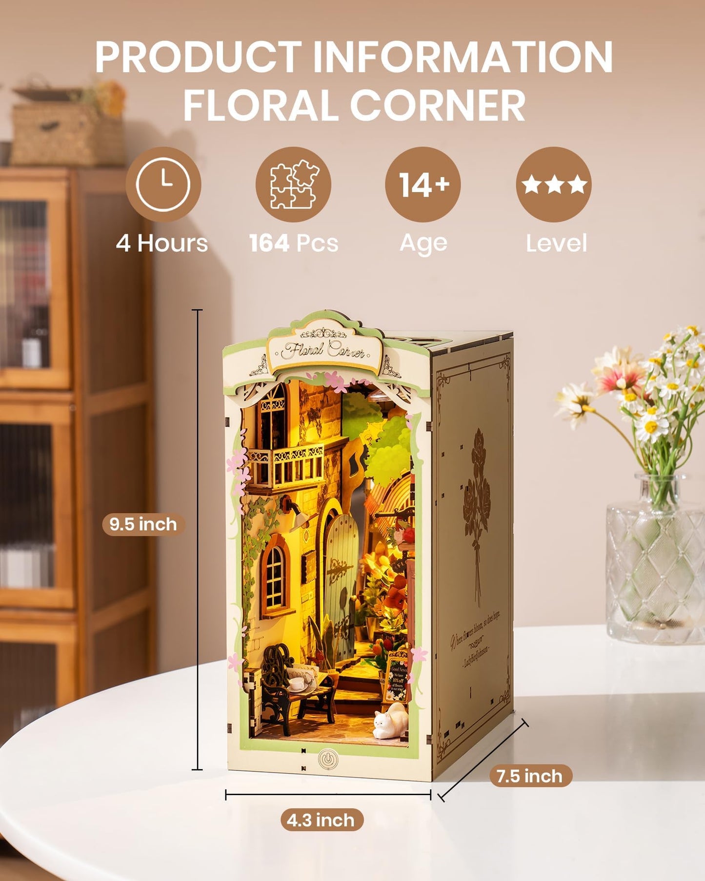 Rolife DIY Book Nook Kits for Adults, Miniature Dollhouse Booknook Kit for Home Room Decor, 3D Wooden Puzzle with LED, Flower Corner Creative Bookends Bookshelf Diorama Insert
