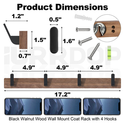 IURRDOP 17 Inch Walnut Wood Wall Mounted Coat Rack with 4 Black Hooks, Adhesive Mounted Entryway Hooks, Modern Natural Wooden Pegs for Hanging Coat Clothes Hat Bag Purse Key and Towel