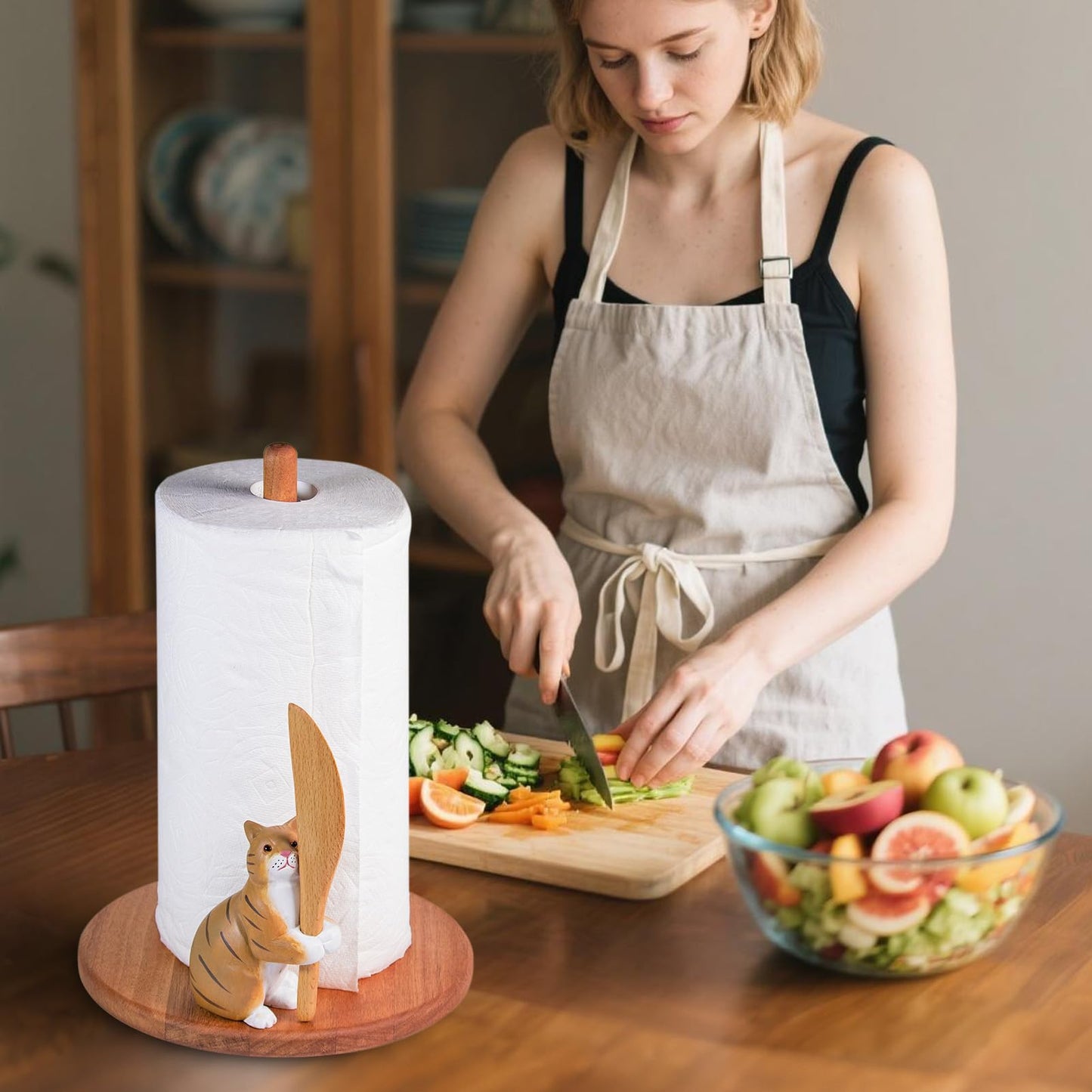 Cat Wooden Paper Towel Holder,9.5" Large Thicken Base Wood Kitchen Tissue Holder, Freestanding Paper Towel Holders, Suitable for Farmhouse, Kitchen Countertop Decorative Paper Towel Holder (cat)