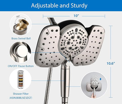 INAVAMZ Nickel 2.5GPM Shower Head with Handheld High Pressure: 10” Rainfall Shower Head & HandHeld Shower Head, 9 Spray Settings Detachable Shower Head with ON/OFF Switch and 15-Stage Filter