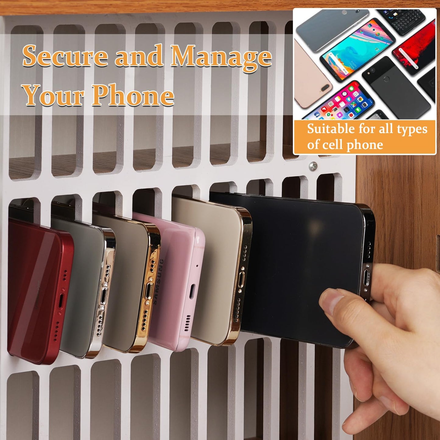 Lzttyee Cell Phone Holder Classroom 33 Slots Wooden Cell Phone Storage Cabinet Pocket Chart with Handle and Security Lock for Classroom Office (33 Grid Cabinet Cherry)