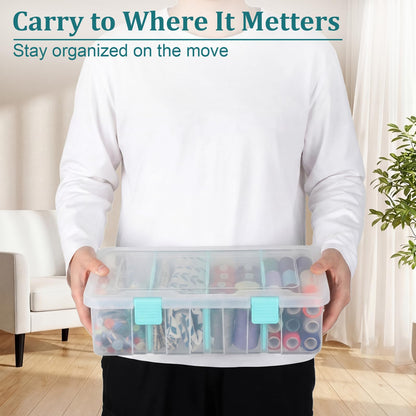 BTSKY Clear Plastic Dividing Storage Box with 4 Compartments Adjustable Storage Bin with Lid Plastic Craft Storage Container Multipurpose Sewing Box Art Supply Organizer, 13.3x8.1x3.4 Inches