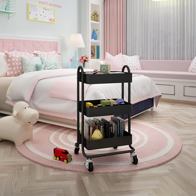 Metal Rolling Cart,3-Tier Metal Rolling Cart with Wheels,3 Tier Utility Cart with Wheels for Office,Home,Kitchen,Garden（13.4"x18.1"x31"） Black