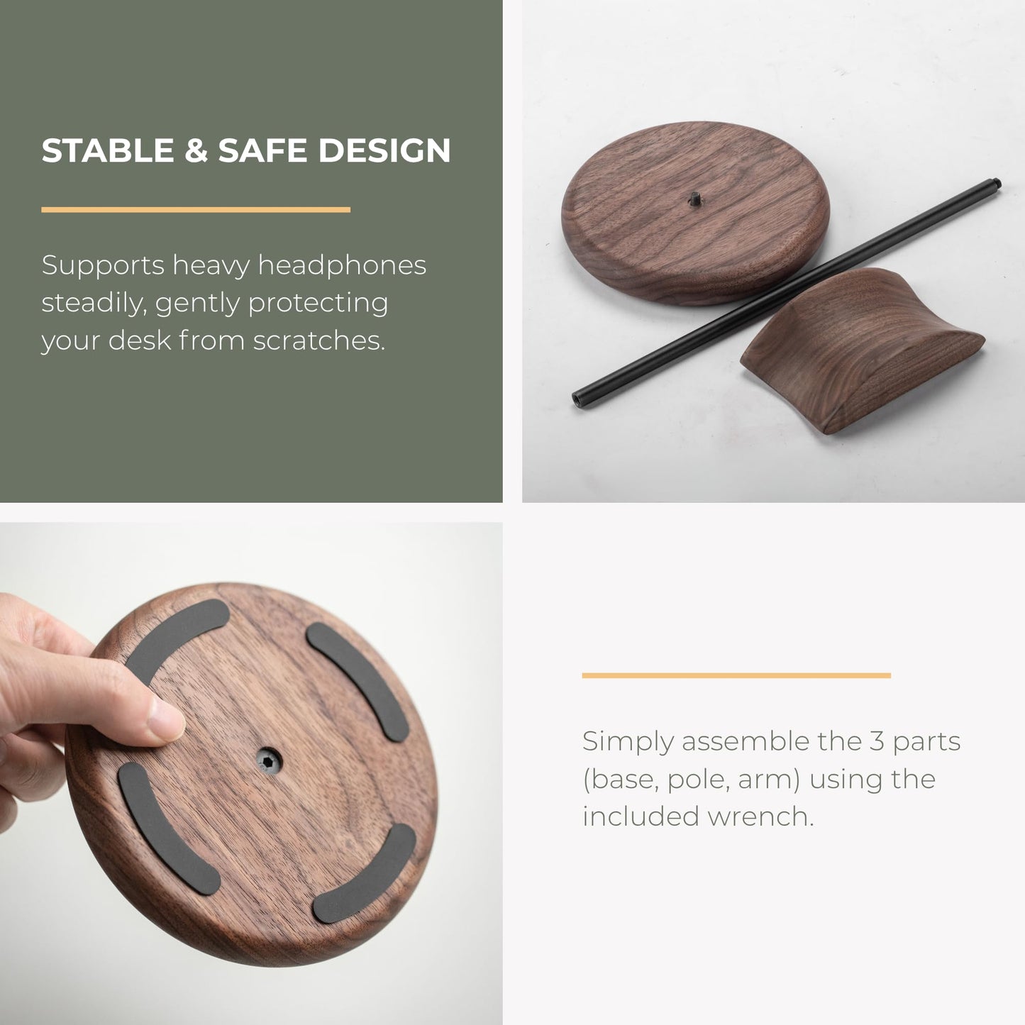 muso wood Walnut Wood & Aluminum Headset Stand, Desktop Headphone Stand, Headset Holder with Anti-slip Pad, Headphone Holder with Storage Base for Most Gaming Music Headsets