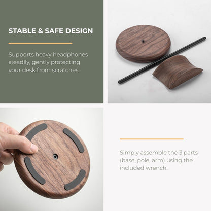 muso wood Walnut Wood & Aluminum Headset Stand, Desktop Headphone Stand, Headset Holder with Anti-slip Pad, Headphone Holder with Storage Base for Most Gaming Music Headsets