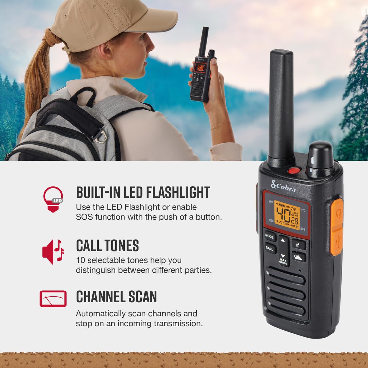 Cobra RX680 Walkie Talkies (2-Pack) - Rugged & Splashproof Two Way Radios Long Range, IP54 Water Resistant Design, 60 Pre-Programmed Channels, Weather Alerts, Included Charging Dock (Black/Orange)