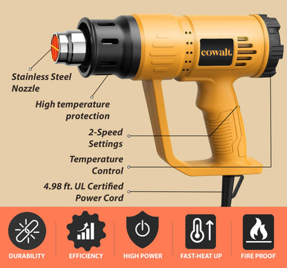 COWALT Heat Gun, 1800W Hot Air Gun with Adjustable Temperature 122-1200°F, Dual Speed Settings for Vinyl Wrap, Epoxy Resin, Crafts, Shrink Tubing - 4 Nozzles & Scraper Included