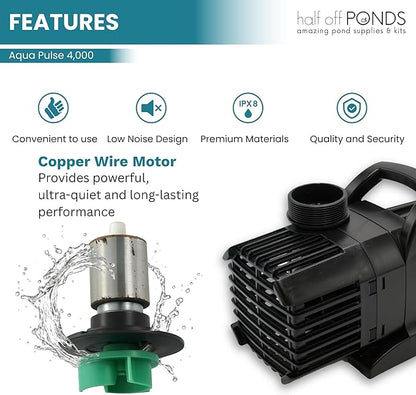 HALF OFF PONDS Submersible Water Pump, 4,000 GPH Pond Pump with 33FT Power Cord and 21FT Max Head, 276W Ultra Quiet Energy Efficient Pump for Koi Pond, Fountain, Waterfall, Water Garden, Skimmer