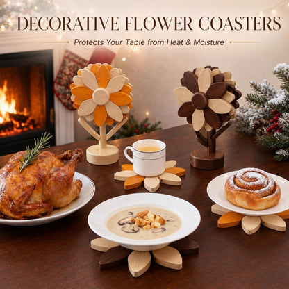 Cycayit 5-Piece Wooden Flower Trivets for Hot Pots and Pans with Storage Stand - Flippable Beech Wood Wooden Trivet Tree, Hot Pads for Kitchen, Tree Trivet, Trivets for Hot Dishes, Kitchen Gifts