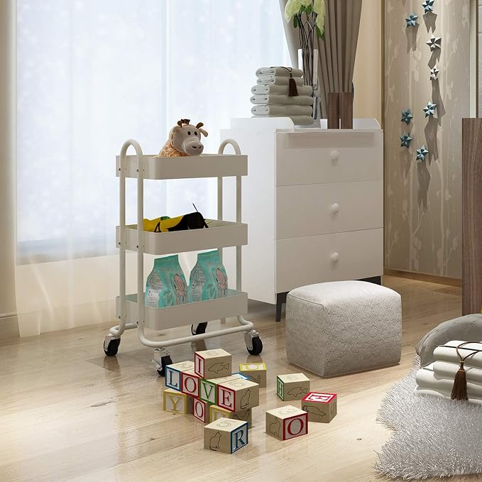 Metal Rolling Cart,3-Tier Metal Rolling Cart with Wheels,3 Tier Utility Cart with Wheels for Office,Home,Kitchen,Garden（13.4"x18.1"x31"） White