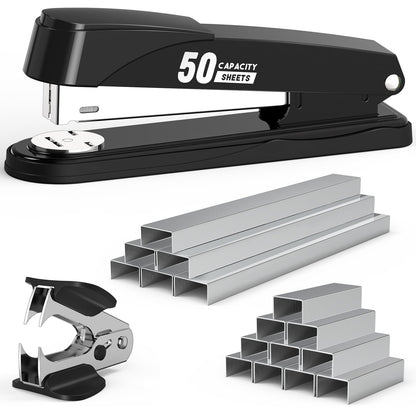 Metal Stapler Heavy Duty 50 Sheet Capacity with 1750 Staples and Staple Remover, Full Strip Staplers for Desk, No Jam, Non-Slip for Office & Classroom, Black