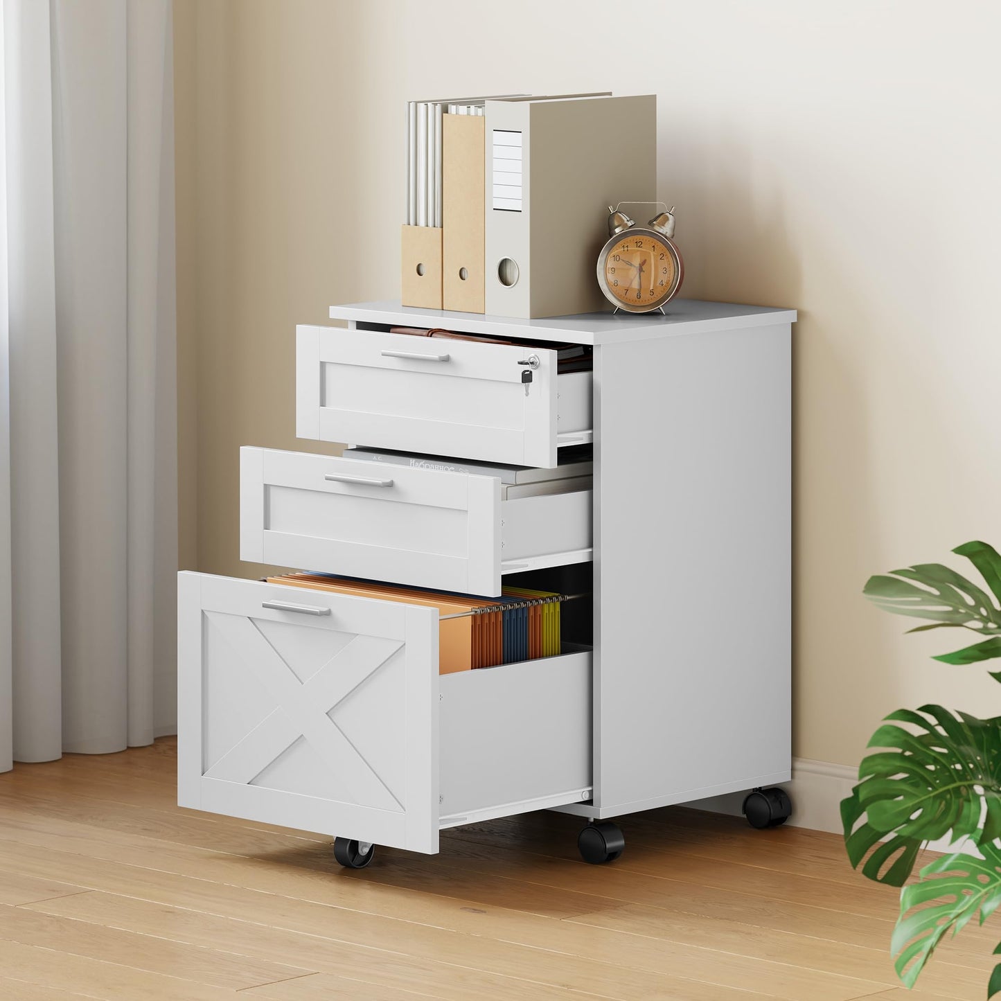 GAOMON 3 Drawer Mobile File Cabinet with Lock, Under Desk Wooden Filing Cabinets for Home Office Organizer Letters/Legal/A4, White