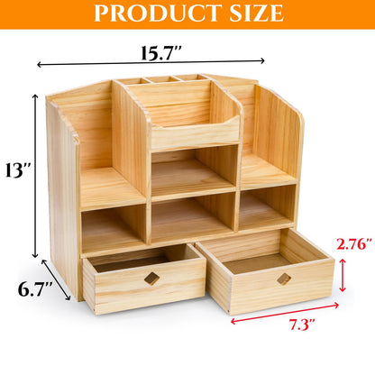 Acshio Wooden Desk Organizer with Drawers, Large Countertop Office Supplies Accessories Organization with 10 Compartments, Multifunctional Storage Box Makeup Storage Shelf Rack for Home, Office